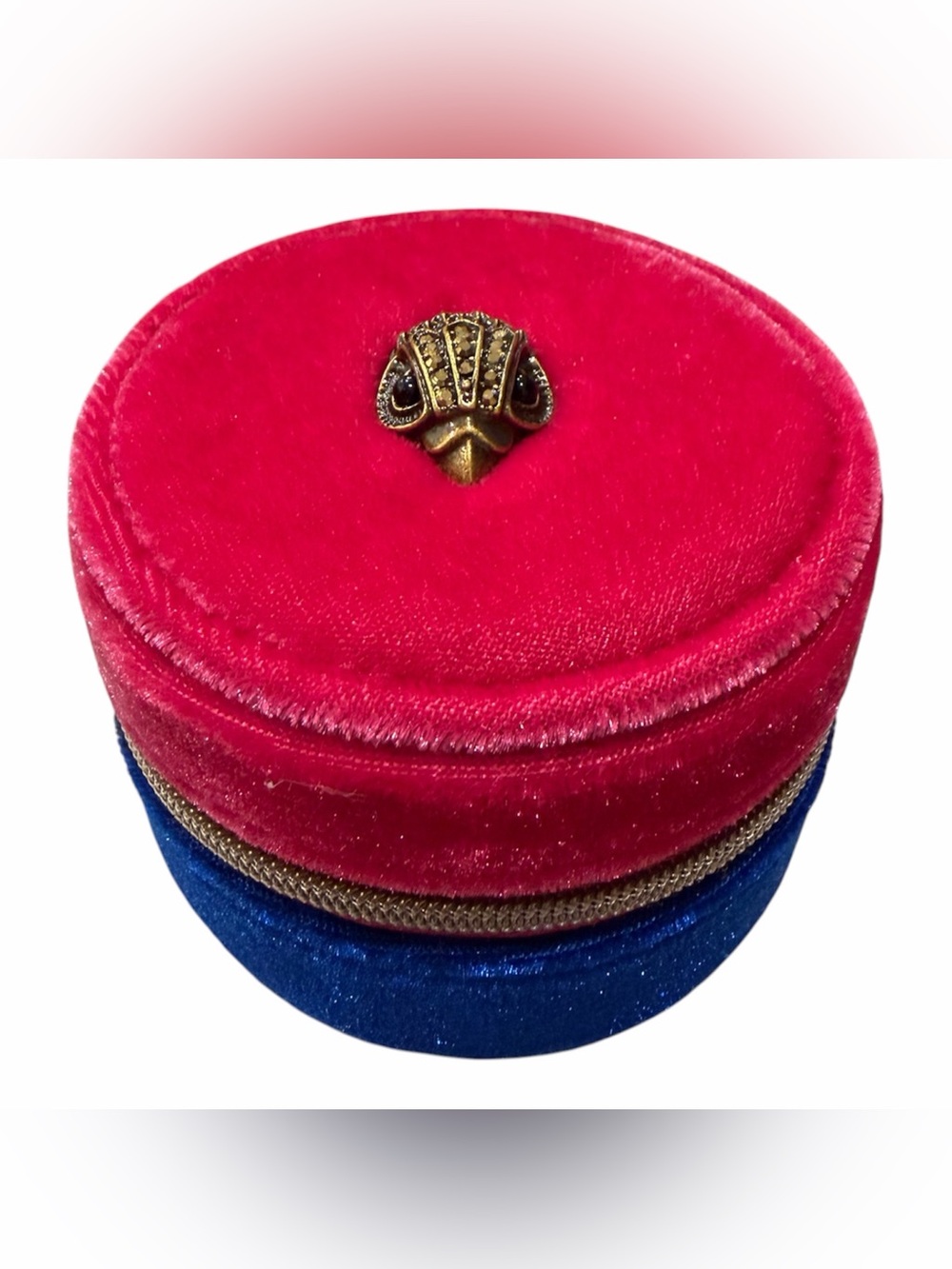 Kurt Geiger Red and Blue Velvet Small Round Jewelry Case with Gold Accent